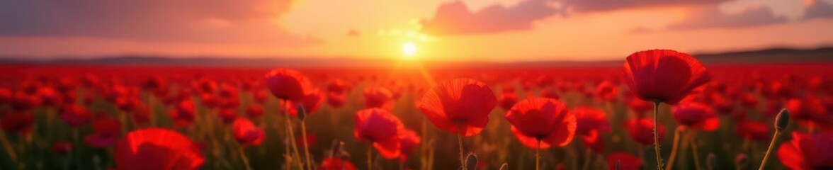 Crimson sunset bathes swaying poppy field, vibrant red petals , beauty, texture