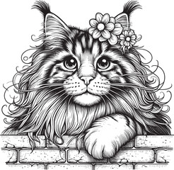 Elegant Floral Cat on Brick Wall