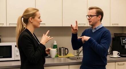 A woman and a man communicating using sign language in an office kitchen.