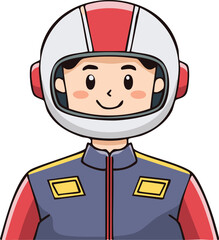 A cartoon illustration of a smiling person wearing a racing helmet and suit.