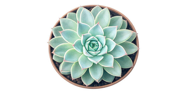 A detailed overhead shot of a vibrant green succulent plant in a terracotta pot isolated on transparent background - Powered by Adobe