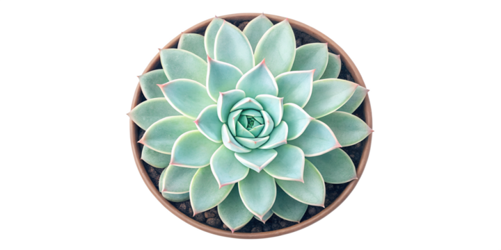 A detailed overhead shot of a vibrant green succulent plant in a terracotta pot isolated on transparent background