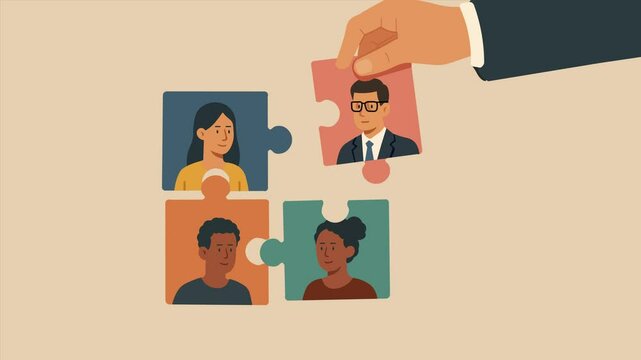 Businessman&rsquo;s hand assembling four interlocking puzzle pieces, each containing a person&rsquo;s portrait, Concept of Building a strong team work, Collaboration, HR, Recruitment, to achieve a common goal.