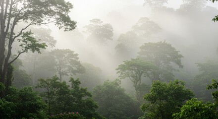 Misty Green Forest Landscape with Sunlight Rays