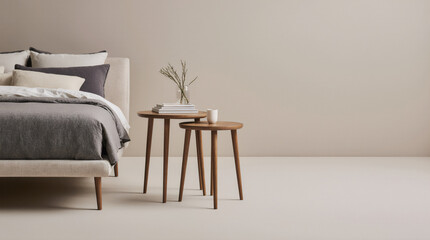 Guest room with a pair of nesting tables decorated in a neutral atmosphere