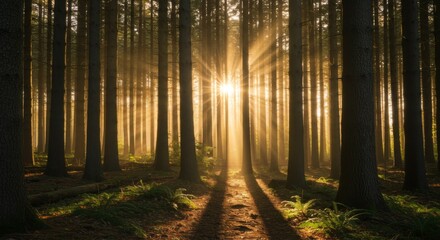 Obraz premium Golden Sunrise Beams in Misty Forest