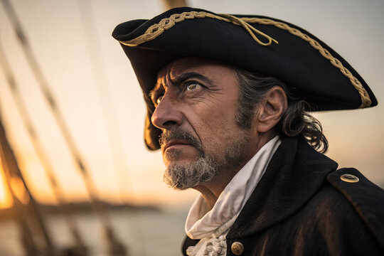 Portrait of a stern pirate captain at sunset aboard a ship, wearing a traditional tricorn hat and coat, evoking the drama and mystery of the high seas.generative ai