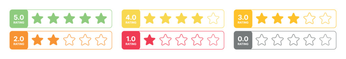 Collection of vector review bars with star ratings from 0.0 to 5.0, colorful rectangular UI elements for customer feedback, satisfaction evaluation, rating scale template on transparent background