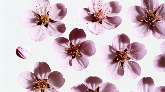 Delicate pink cherry blossom flowers with detailed stamen arranged on a white backdrop, creating a floral pattern with soft lighting.