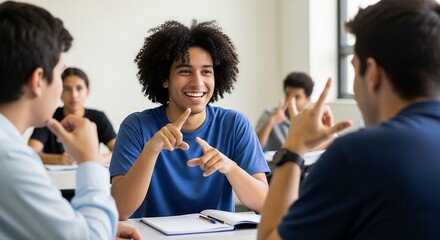 Students engaged in animated conversation, likely using sign language, in a classroom setting.