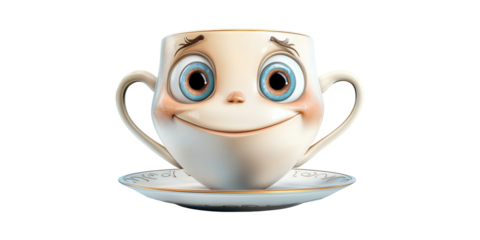 Smiling Anthropomorphic Teacup With Saucer. Whimsical Character Design For And Storytelling Isolated On Transparent Background