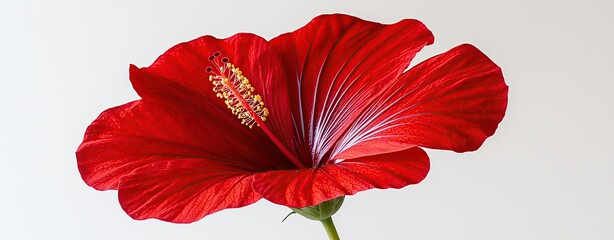Hibiscus flower on white background captured in closeup macro style, rim light defining petal structure with artistic depth