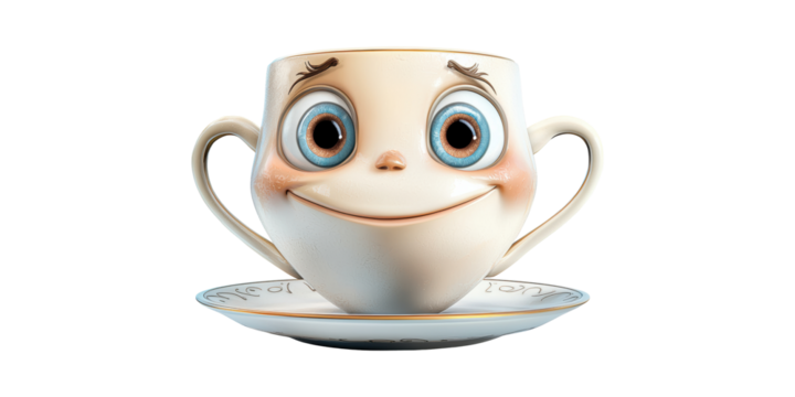 Smiling Anthropomorphic Teacup With Saucer. Whimsical Character Design For And Storytelling Isolated On Transparent Background