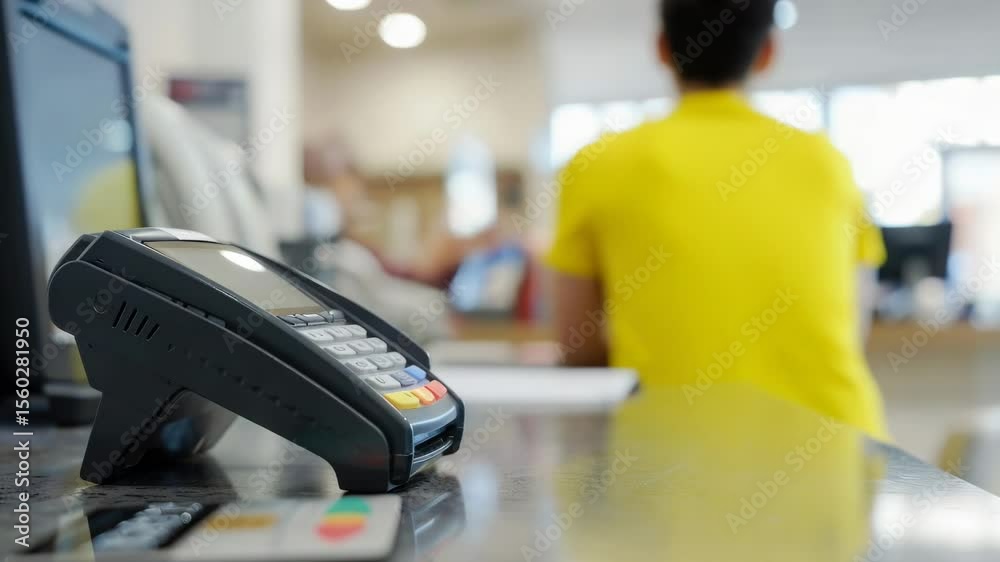 Poster a credit card machine sits atop a counter, ready for use