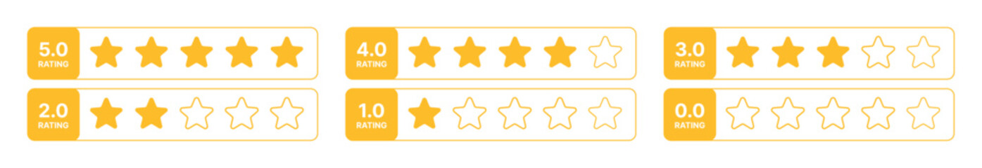 Vector rating stars set from zero to five with yellow rating labels, different star fill levels, customer satisfaction icons, user review elements, feedback ranking symbols on transparent background