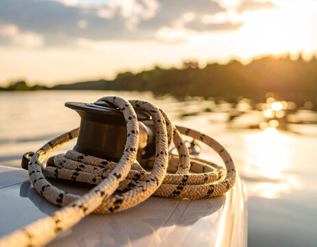 A wakeboarding rope attached to a boat, floating in calm water with reflections of the horizon.
