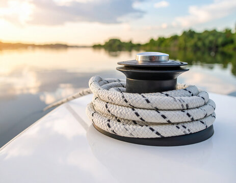 A wakeboarding rope attached to a boat, floating in calm water with reflections of the horizon.