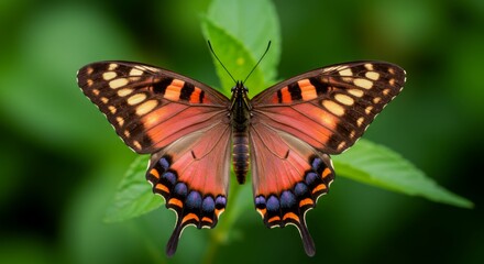Fototapeta premium Closeup of a Red Orange Butterfly on Green Leaves