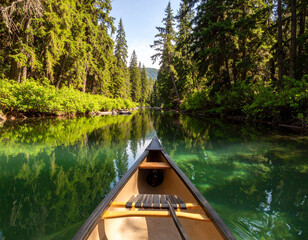 A canoe gliding across a placid river surrounded by dense forests reflecting on crystal-clear water.