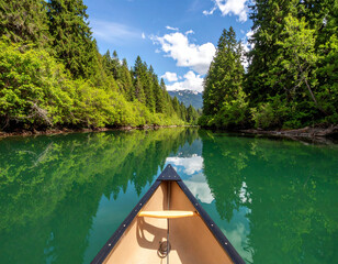 A canoe gliding across a placid river surrounded by dense forests reflecting on crystal-clear water.