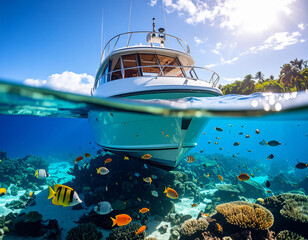 The underside of a clear glass-bottom boat revealing schools of colorful fish and vibrant coral reefs below.