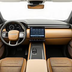Luxury car interior dashboard with steering wheel and touchscreen, isolated image.