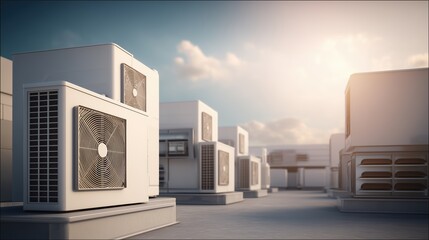 Rooftop HVAC units at sunset