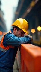 Exhausted Construction Worker Slumped at Safety Barrier, Reflecting Workplace Fatigue and the Importance of Safety Regulations on Demanding Job Sites