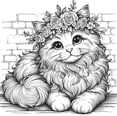 Elegant Floral Cat on Brick Wall
