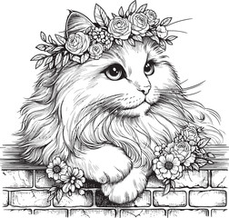 Elegant Floral Cat on Brick Wall