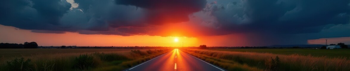 Fototapeta premium Dark storm clouds loom over empty asphalt country road bathed in last rays of setting sun , clouds, rich, asphalt