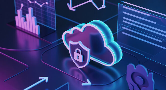 Secure cloud data analytics with glowing neon cloud computing data analysis