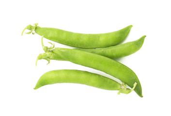 Fresh green pea pods isolated on white, top view
