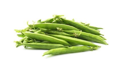 Pile of fresh green pea pods isolated on white