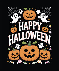 Happy Halloween Spooky Vector Silhouette Pumpkin, Scary Night Horror Typography T-shirt Graphic Clipart Design Template