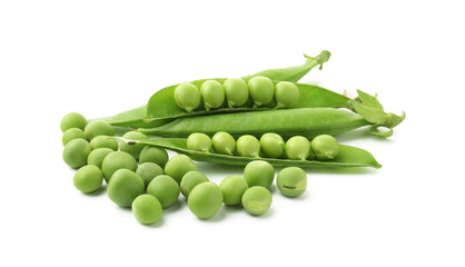 Fresh green peas and pods isolated on white
