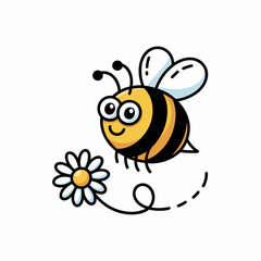 Naklejka premium Cartoon bee flying to flower, cute insect graphic, whimsical, happy, spring
