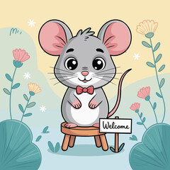 Cartoon mouse with bow tie holding welcome sign in garden setting