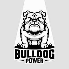 Cartoon bulldog mascot logo, aggressive animal emblem, power symbol design, black and white illustration