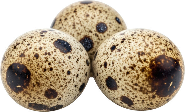 Close up of three speckled quail eggs with unique brown patterns arranged in a tight triangular cluster