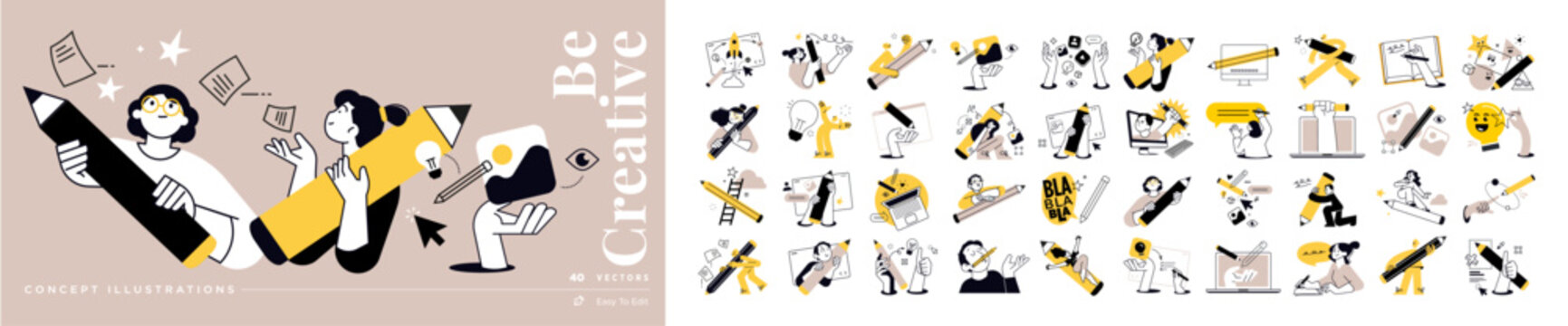 Be creative concept illustrations. Set of people vector illustrations in various activities of business, marketing, creative process, graphic and web design, social media, content management.