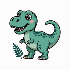 Naklejka premium Cute cartoon dinosaur with green plant, happy prehistoric animal illustration