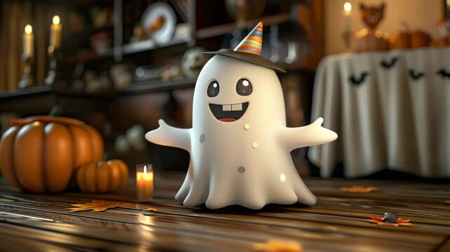 A cheerful 3D ghost wearing a party hat, surrounded by pumpkins and candles, creating a whimsical autumn atmosphere perfect for Halloween celebrations.
