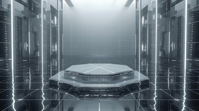 Futuristic octagonal stage with reflective surfaces and neon lights in a modern sci fi hallway