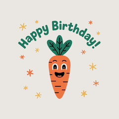 Happy birthday card with cute cartoon carrot illustration