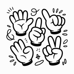 Cartoon hands gesture set, counting fingers, hand signals, graphic design, vector illustration