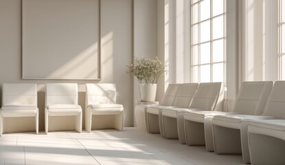 Fototapeta premium Serene Waiting Area: Modern Beige Chairs Bask in Sunlight by a Large Window.