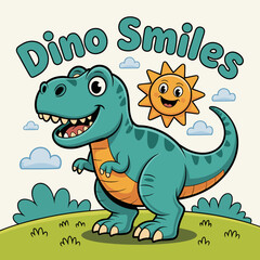 Cartoon dinosaur smiles with happy sun in landscape illustration for children's art