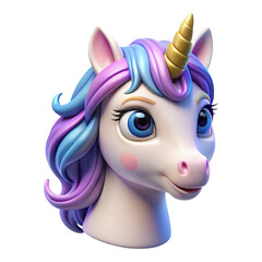 Close up 3 D rendered bust of a cartoon unicorn with blue purple and pink hair a golden horn and rosy cheeks isolated on a transparent background