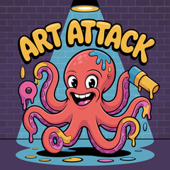 Fototapeta premium Funny cartoon octopus art attack with paint and brush in studio, creative concept